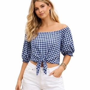 Forecer 21 gingham off the shoulder cropped top with tie front